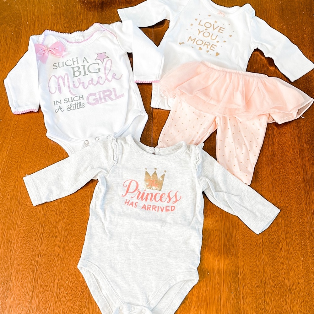 3 onesie with one pair of pants lot of 3 -6 month sizes baby girl princess
